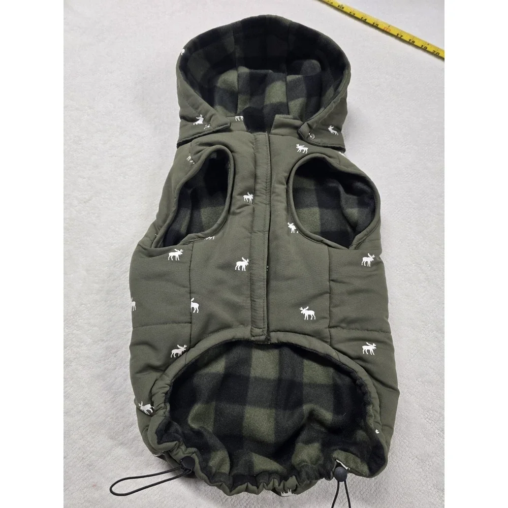 Winter Dog Vest with Hood - Green Moose Pattern,‎ Plaid Fleece Lined, Size XL...